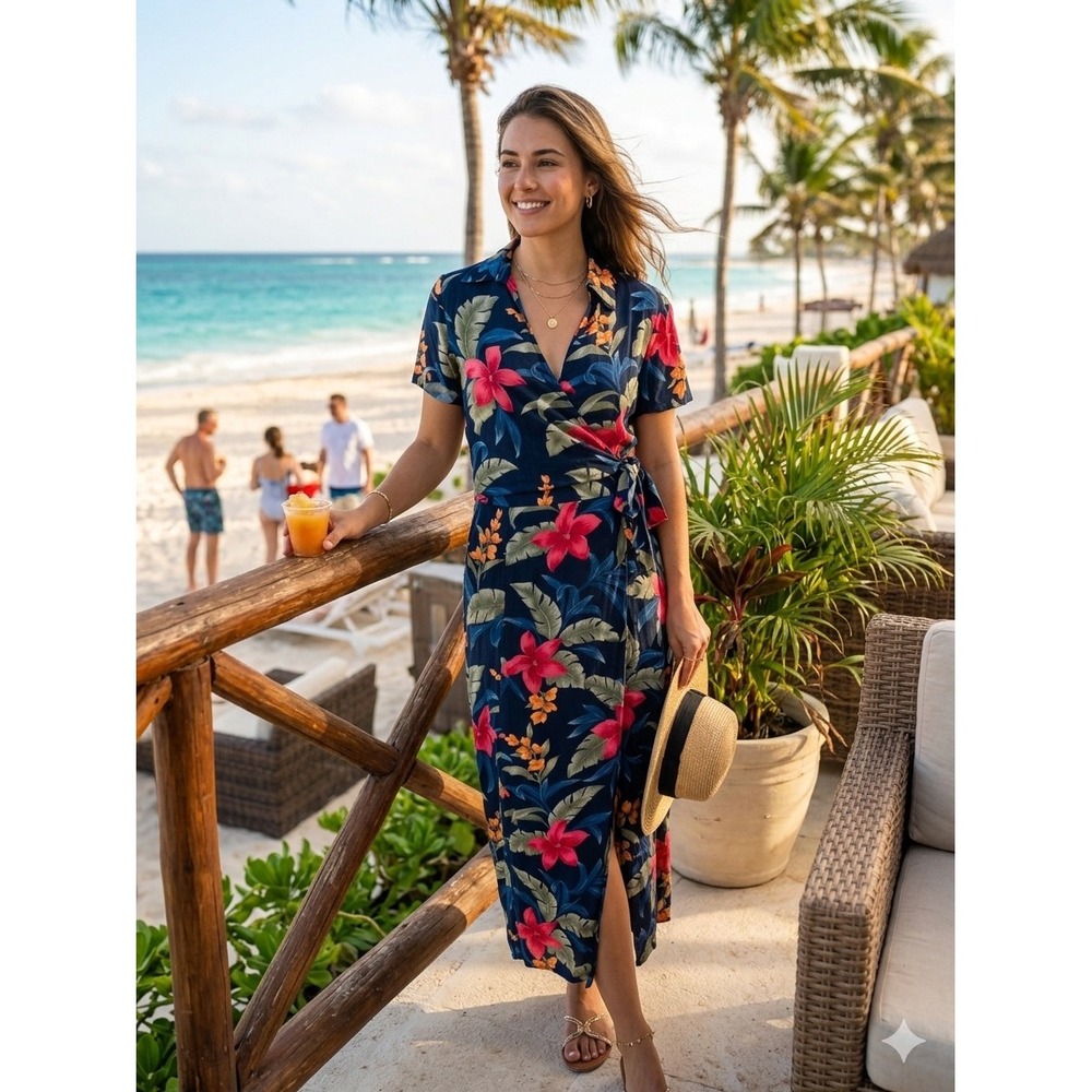 Caribbean Joe Tropical Floral Wrap Maxi‎ Dress Womens Medium Navy Blue
